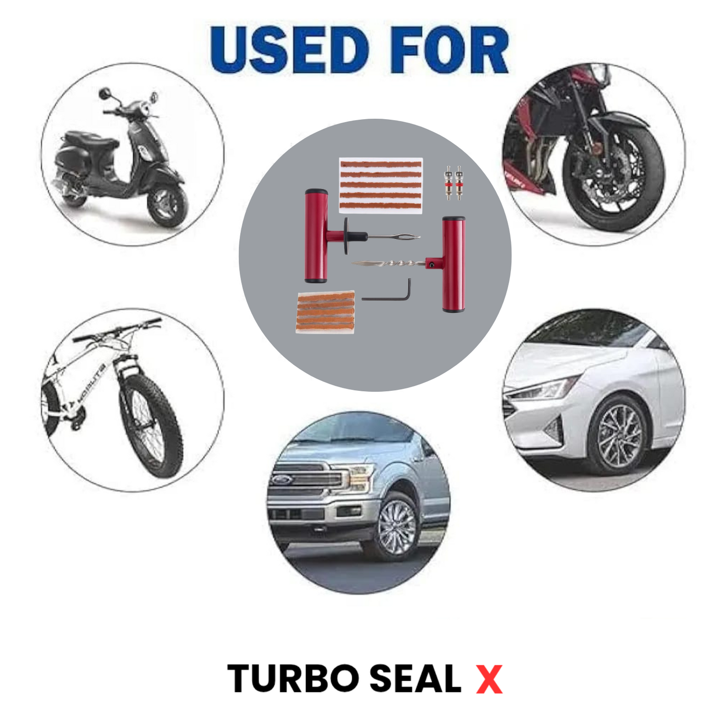 TURBO SEAL X Heavy Duty Tubeless Tyre Puncture Repair Kit - 5-in-1 Box, Valve, Strips, Handle, & Allen key for Car, Bike, SUV