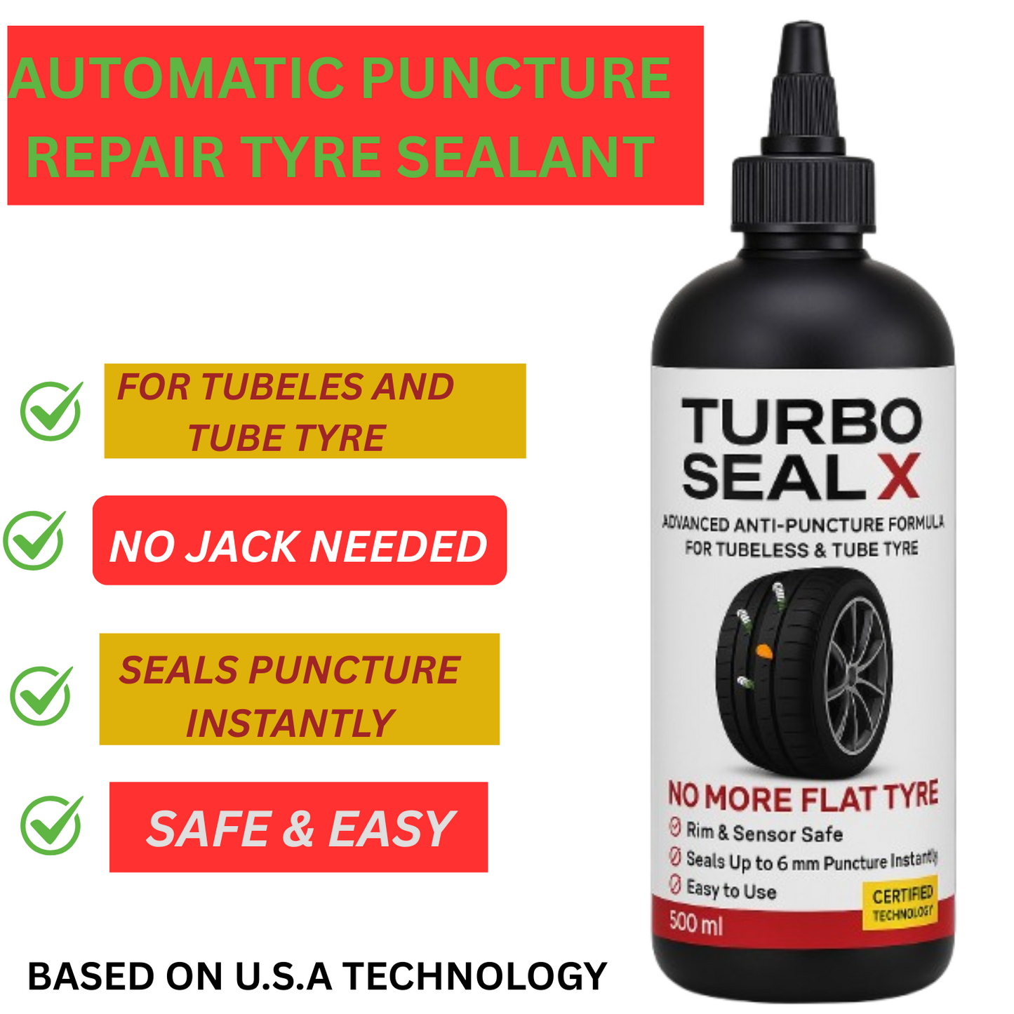 TURBO SEAL X Tyre Sealant 500ml – Anti-Puncture Liquid for Bikes & Cars | Made for Indian Roads